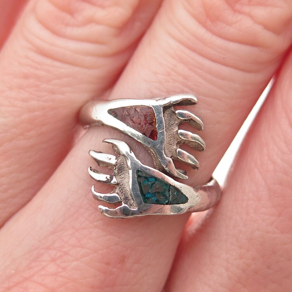 Old Pawn 925 Sterling Turquoise & Coral Inlay Bear Paw Adjustable Ring Size 6.25